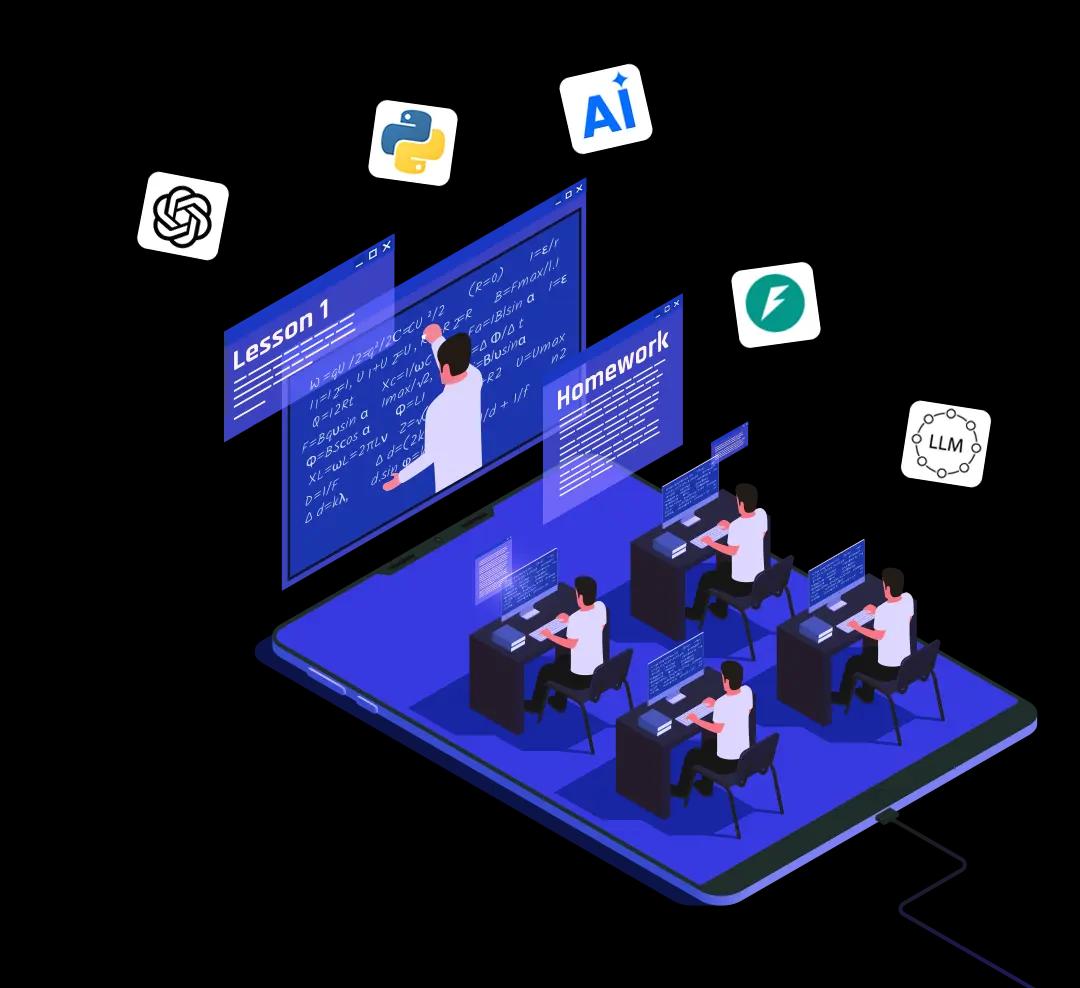 Isometric illustration of an AI bootcamp classroom with digital learning tools